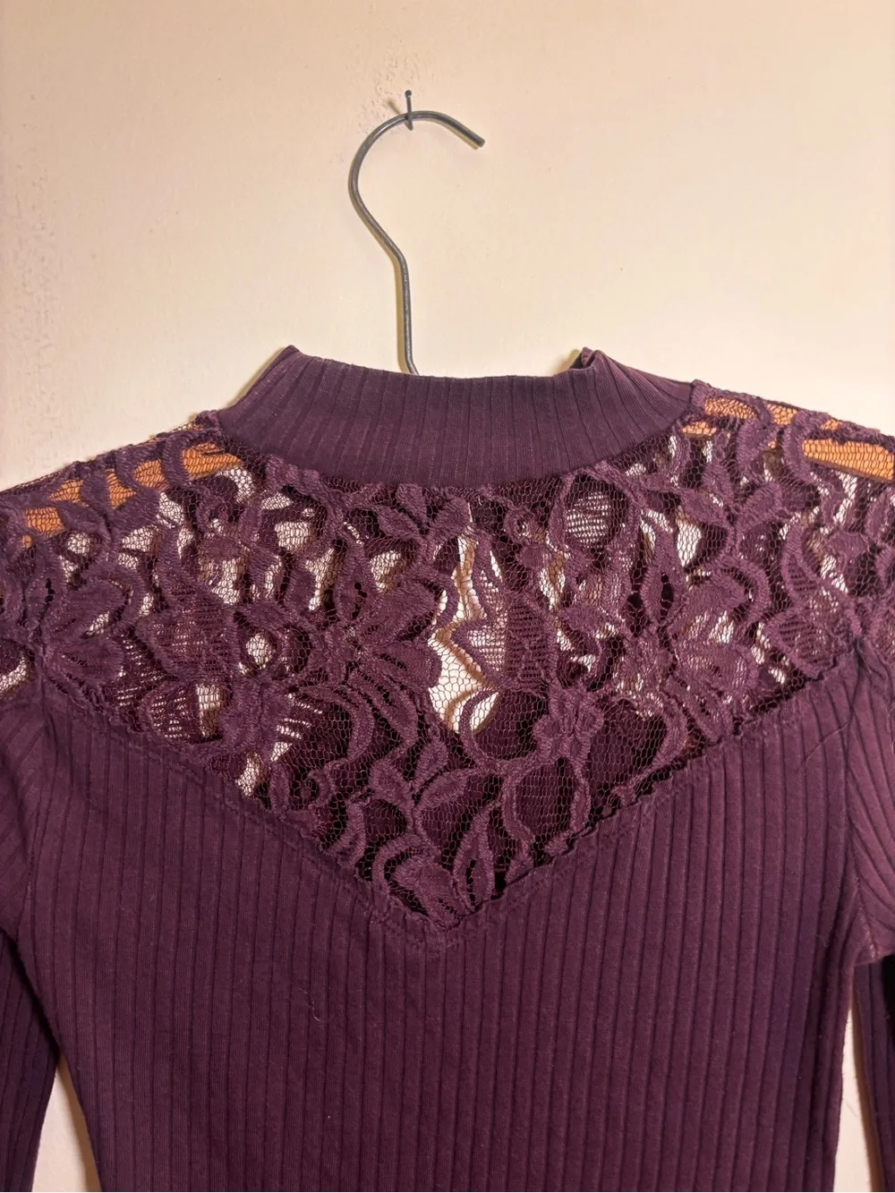 Free People Plum Lace-Collar Yoke Ribbed Long Sleeve Top